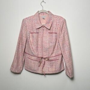 Cabi Pink Tweed Zip Front Blazer Jacket Women Size 14 Colorful